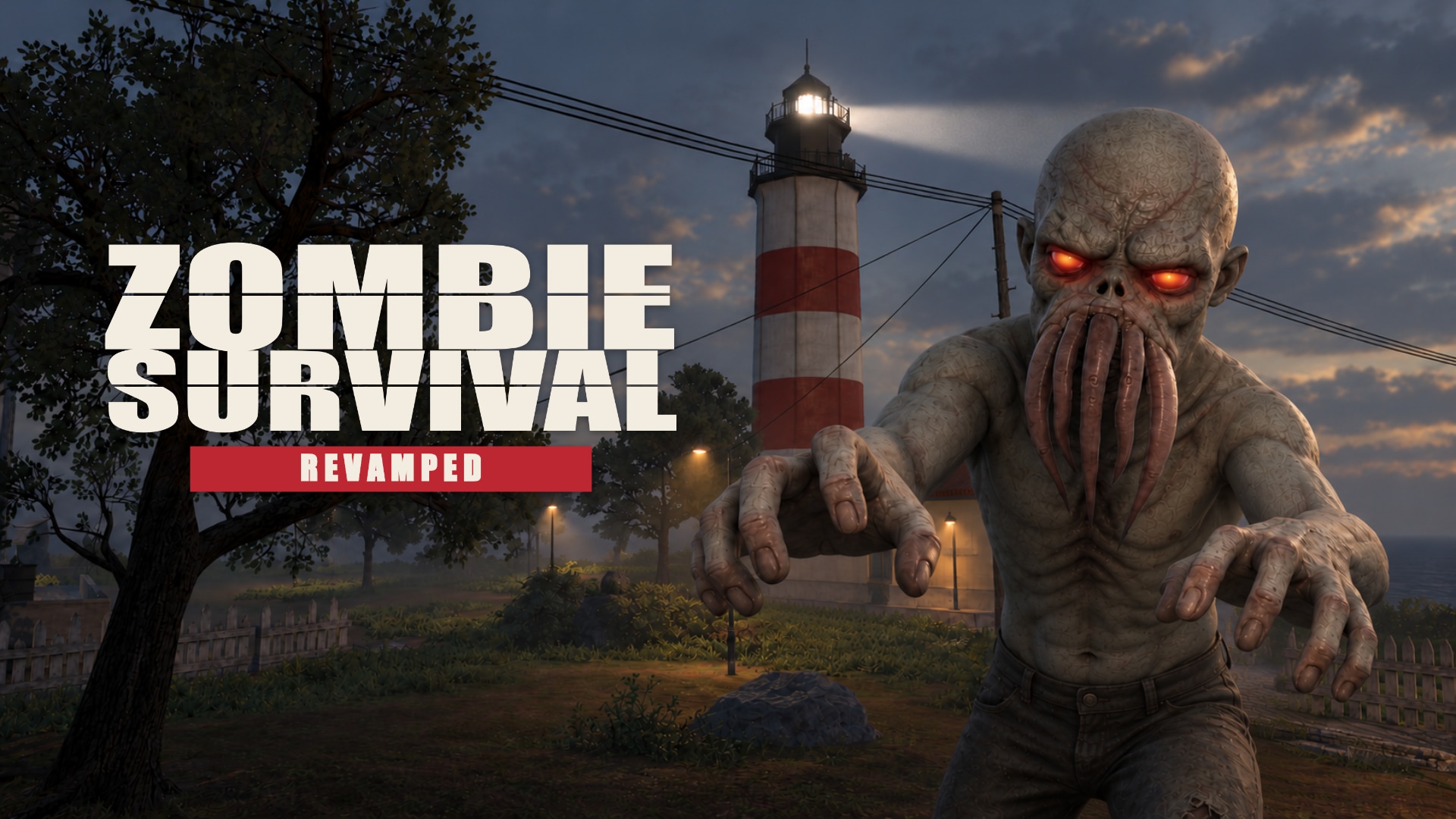 Zombie Survival Revamped promotional artwork: a glowing-eyed zombie beside a lighthouse at dusk.